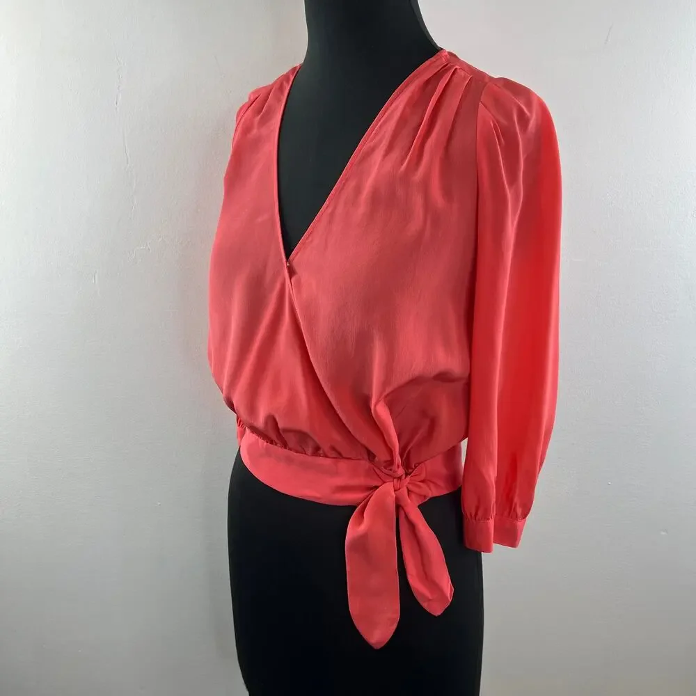 MADEWELL Orange Cropped Wrap Top Silk Pleated Surplice Neck Puff Sleeve Size 2XS